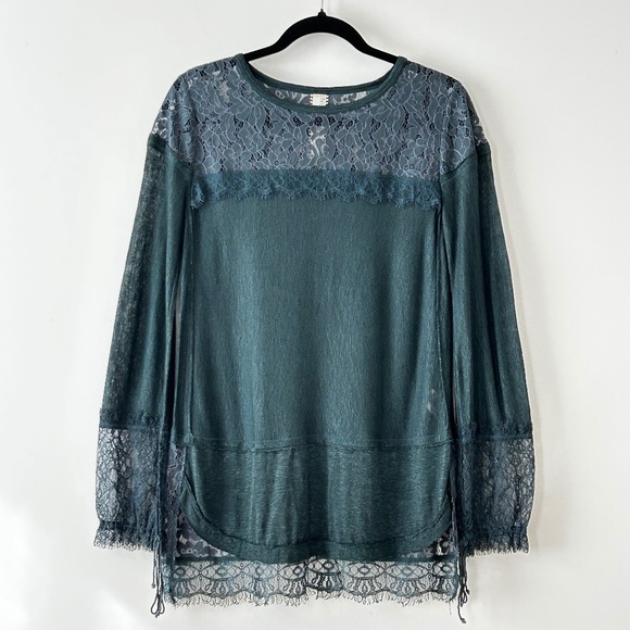 Free People New Romantics Green Lace Tie Sleeve Top - Picture 1 of 16